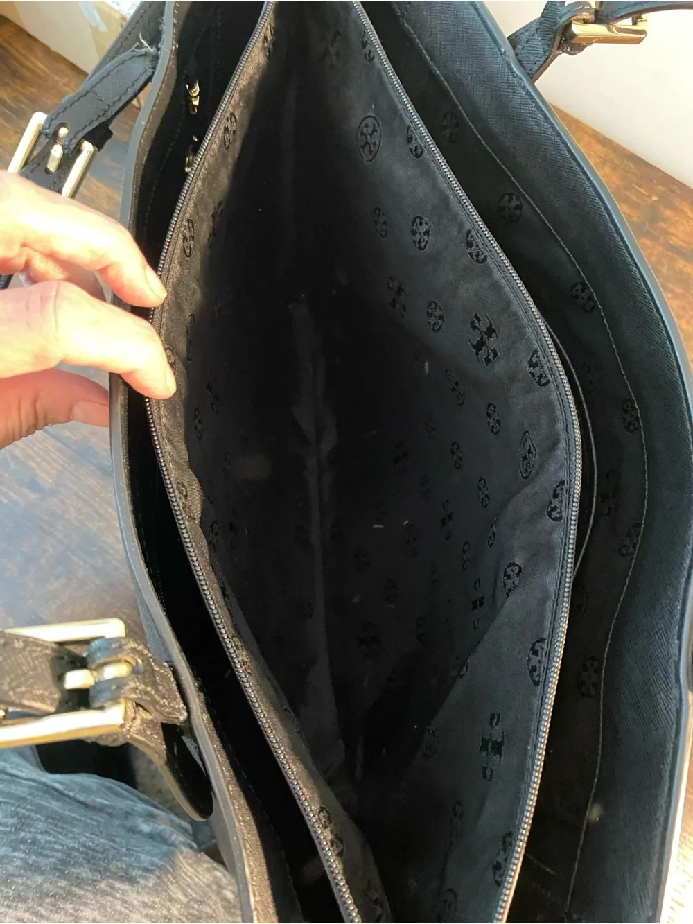 Tory Burch Black Saffiano Tote with Gold Logo Flaw